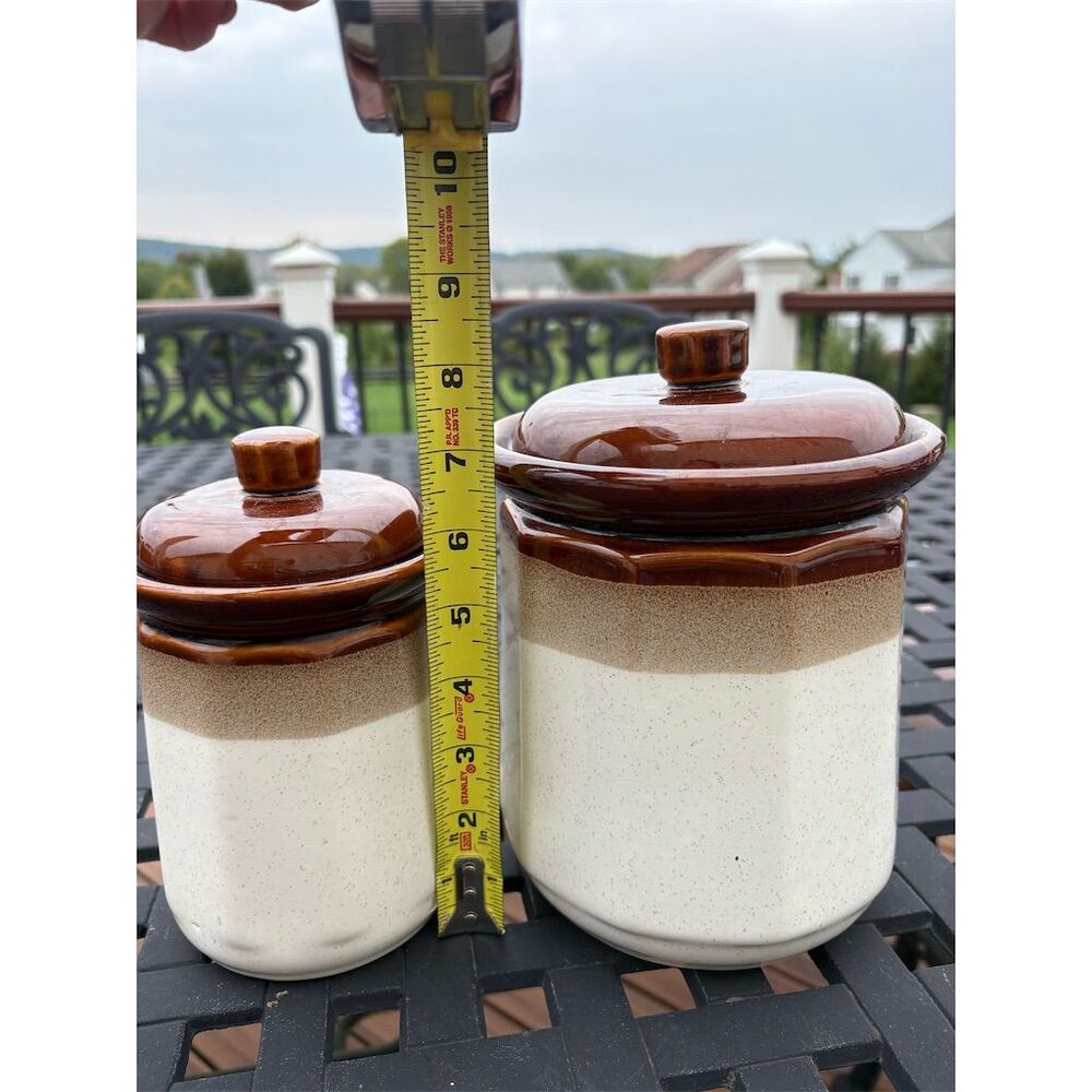 Vintage Brown Glaze Stoneware Crock Canister Set of 2 With Lids - Picture 3 of 8